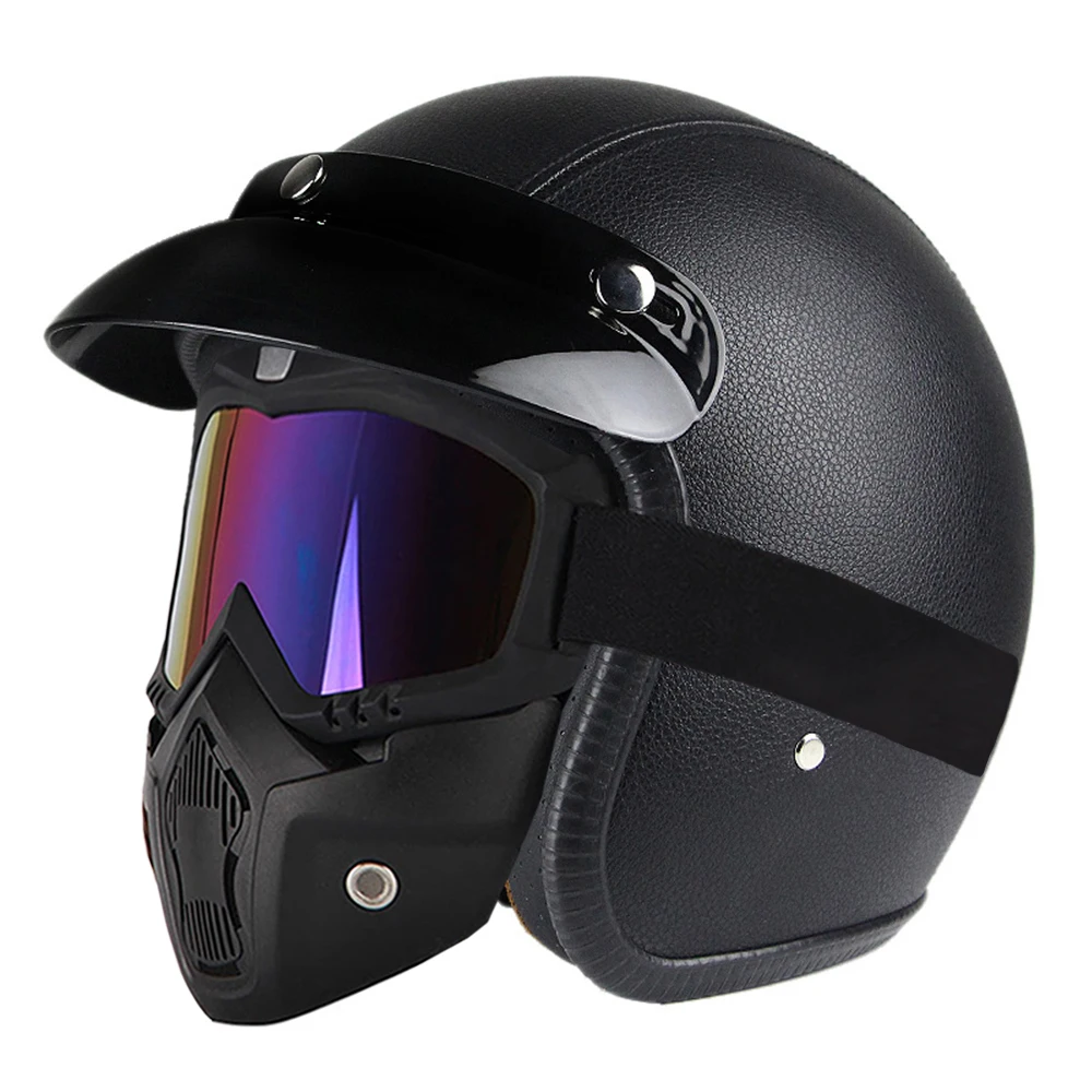 PU Black With Mask Мотоциклетный шлем винтажный Кафе Racer Chopper ретро кожаный шлем мотоциклетный Мото шлем для мотоцикла - Цвет: PU Black With Mask