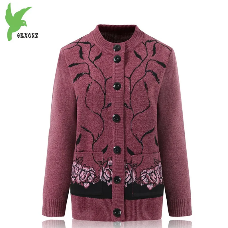 New Spring Women Knit Wool Jacket Middle aged Mother Sweater Cardigan Casual Tops Embroidery Loose Large Size Coat OKXGNZ A664 |
