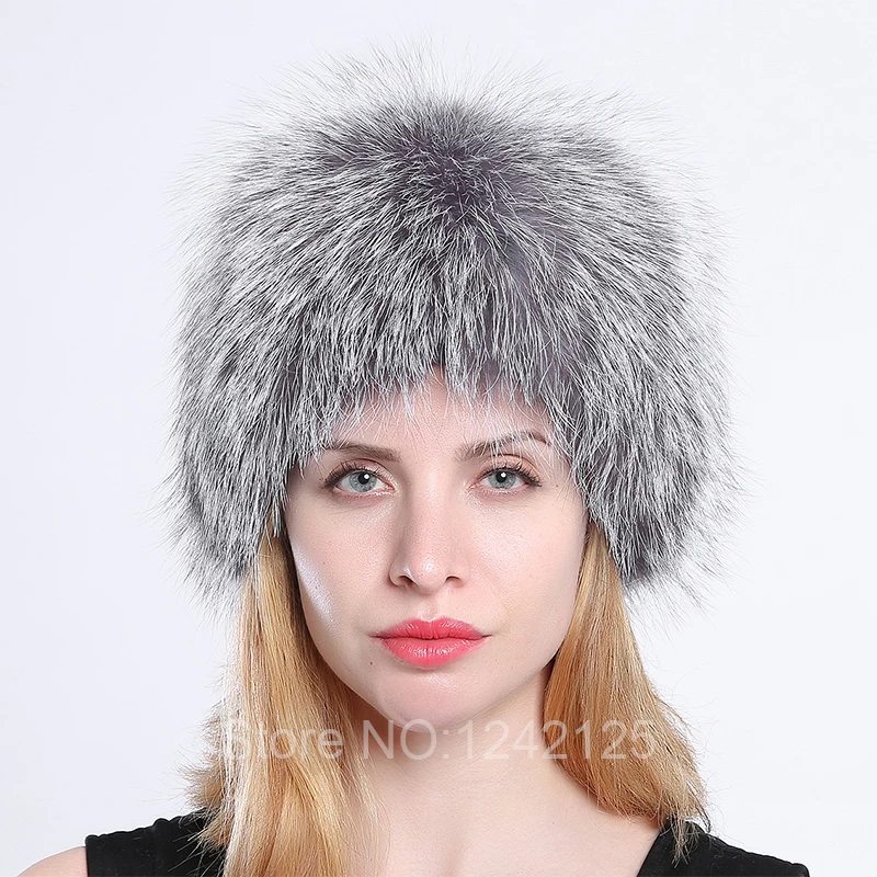 Новые зимние теплые женские Настоящее Silver fox меховой вязанная теплая шапка