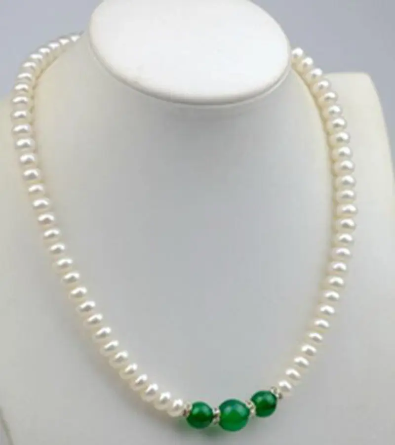 

8-9mm Natural Abacus white Pearl / Green Jadeite (10-12mm) Beads Necklace