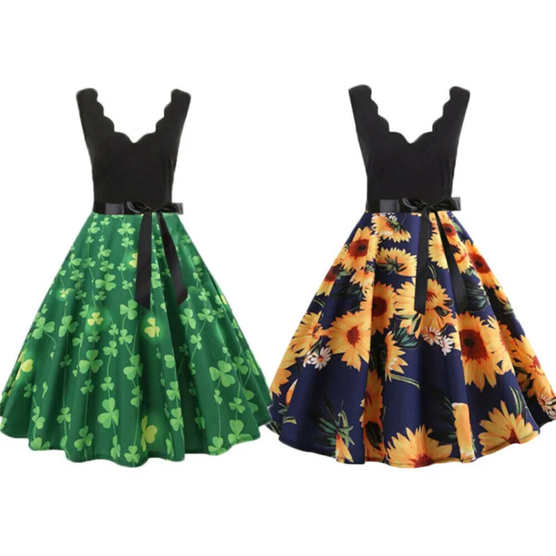 Strand Urlaub Kleider сексуальный Tiefem V-ausschnitt Mini Kleid ARMEL цветочный Bedruckte Falten Skater A-Line Sommerkleid