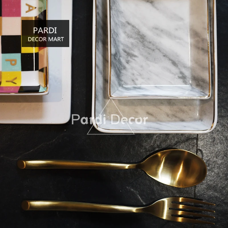 Европейская мода тарелка для еды Мраморная золотая линия конфет украшения 1