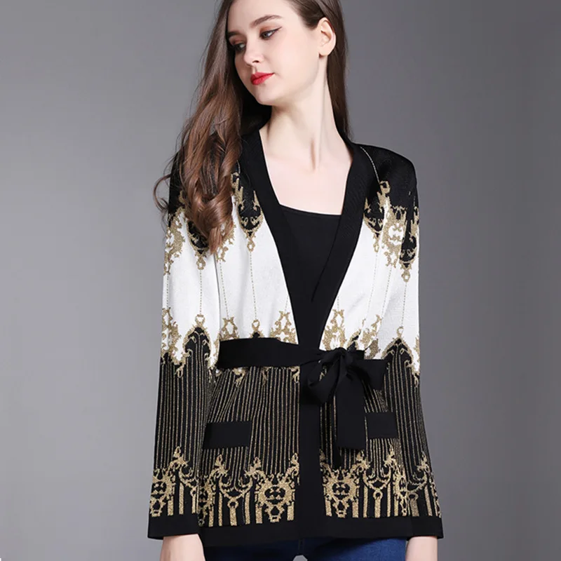 2018 Winter Runway Vintage Designer Chic Knitting Sweater Women Jacket Striped Gold Thread Lady Wool Party Cardigan Coat Clothes |