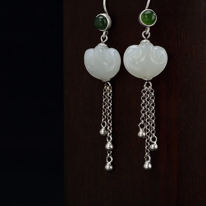 

2018 Top Fashion Real Earings Fashion Jewelry One Deer S925 Pure Natural Hetian Jade Jasper Tassel Ruyi Lady Earrings Wholesale