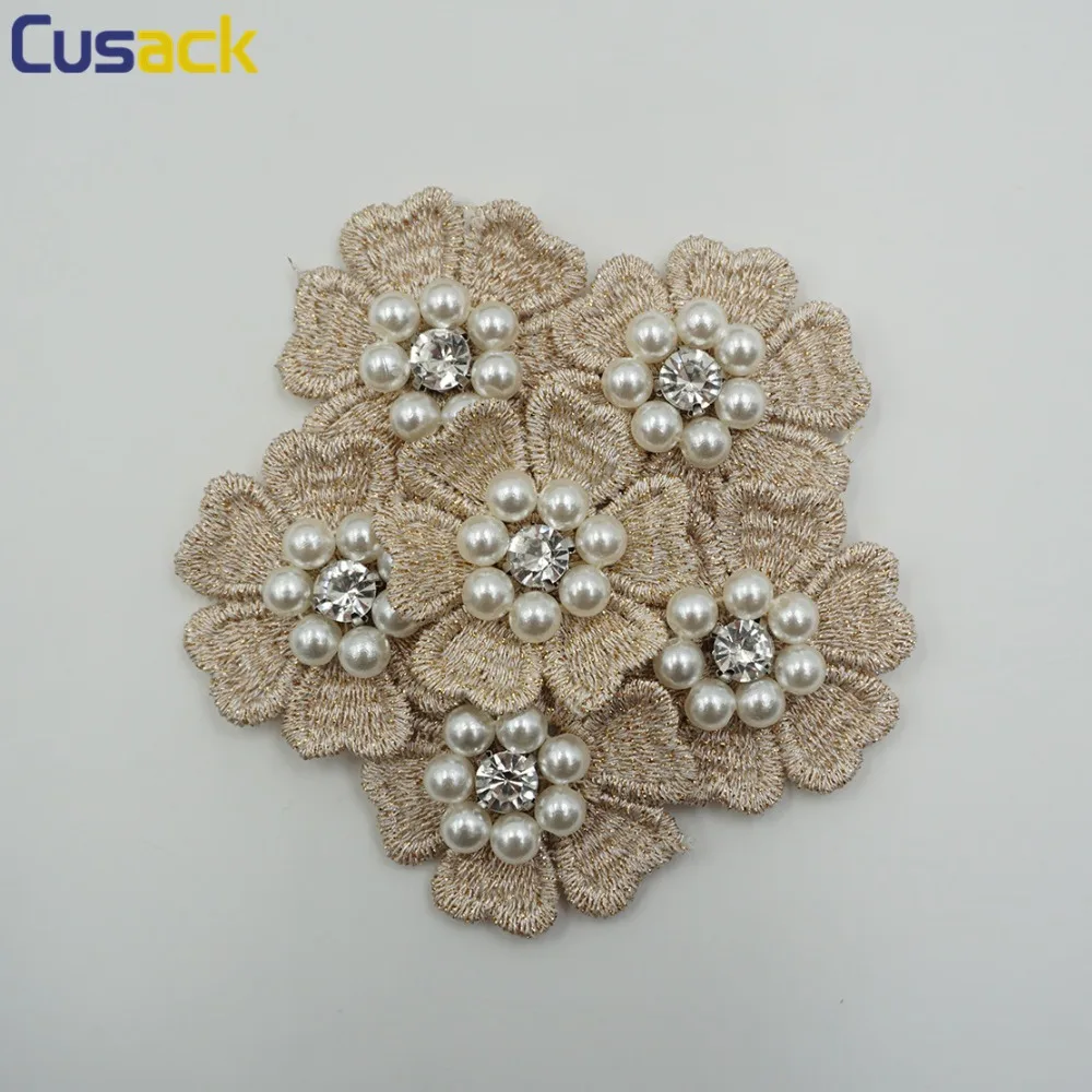 

2 pieces Gold Pearls Crystal Flower Applique for Hats Hair Accessories Garments Sew On Rhinestones 8.5 cm Non-Woven Fabric