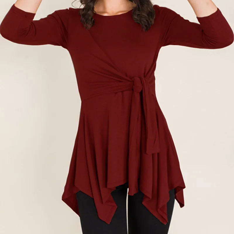 Женская блузка размера плюс 5XL, повседневная, свободная, с узлом спереди, для девушек, длинная, асимметричная, туника, топы, лето, плиссированные рубашки, блузы