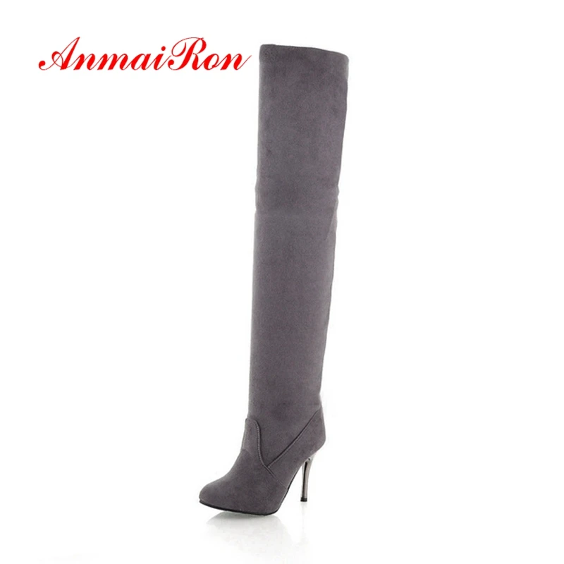 

ANMAIRON Over The Knee High Boots Round Toe Winter Fashion Boots Flock Shoes Women Big Size 34-43 Lace Up Thick Heels CR1484