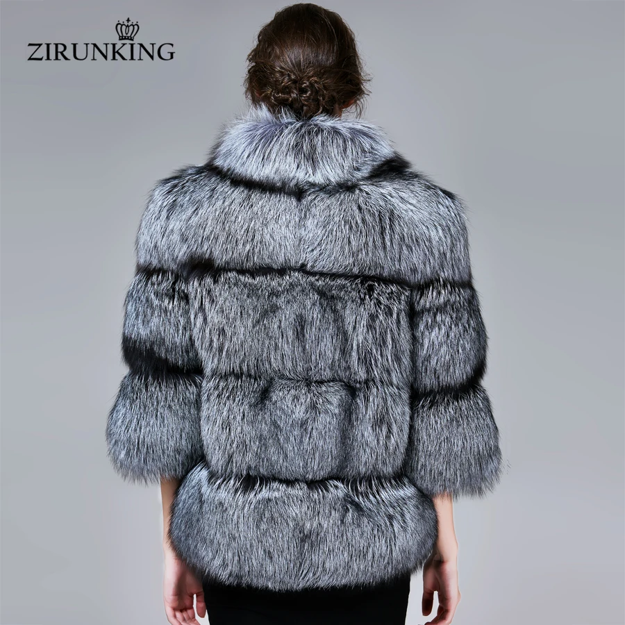 ZIRUNKING, зимняя шуба из натурального меха серебристой лисы, женская теплая куртка из натурального меха лисы, Женская Толстая Шуба из меха лисы, одежда ZC1719