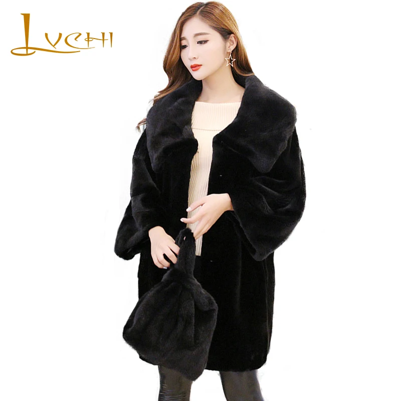 

LVCHI Winter 2019 Denmark Import Velvet Mink Fur Coats Women's Nine Quarter Coat Full Pelt Causal Turn-Down Collar Mink Coats