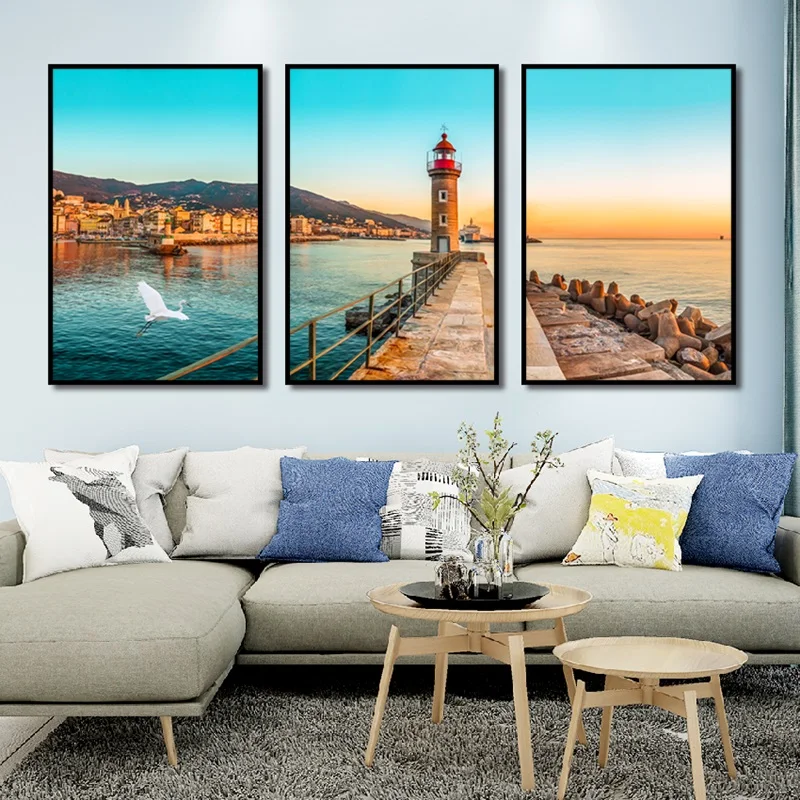 Современная натюрморт 3 Маяк плакат морской пейзаж холст рисунок напечатанная