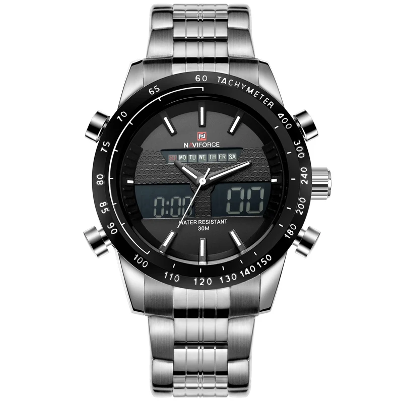 Silver Black NAVIFORCE мужские часы полностью стальные Мужские кварцевые часы Аналоговые светодиодный цифровые часы спортивные военные наручные часы Relogio Masculino - Цвет: Silver Black