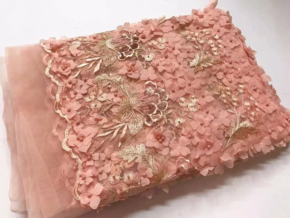Новейшее Персиковое 3 d вышитое французское кружево с бисером ткань для