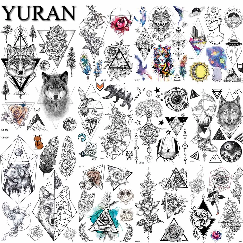 

3D Triangle Fox Wolf Flower Black Tree Temporary Tattoos Stickers Body Arm Art Painting Tattoo Fake Waterproof Chest Custom Tato
