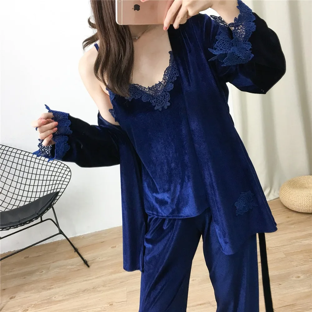 Женские пижамные комплекты из 3 предметов, камзол+ халат+ штаны, пижама Mujer, осенне-зимняя бархатная Пижама для женщин