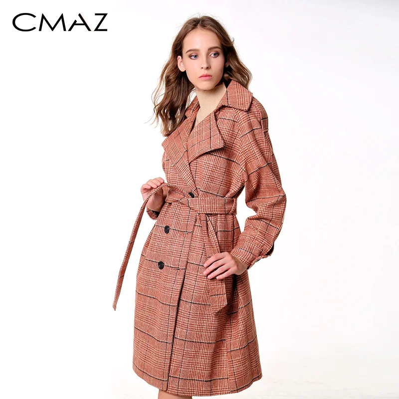 CMAZ 2019 осень зима женщины толстый плед лацкан с длинными рукавами поясом длинные