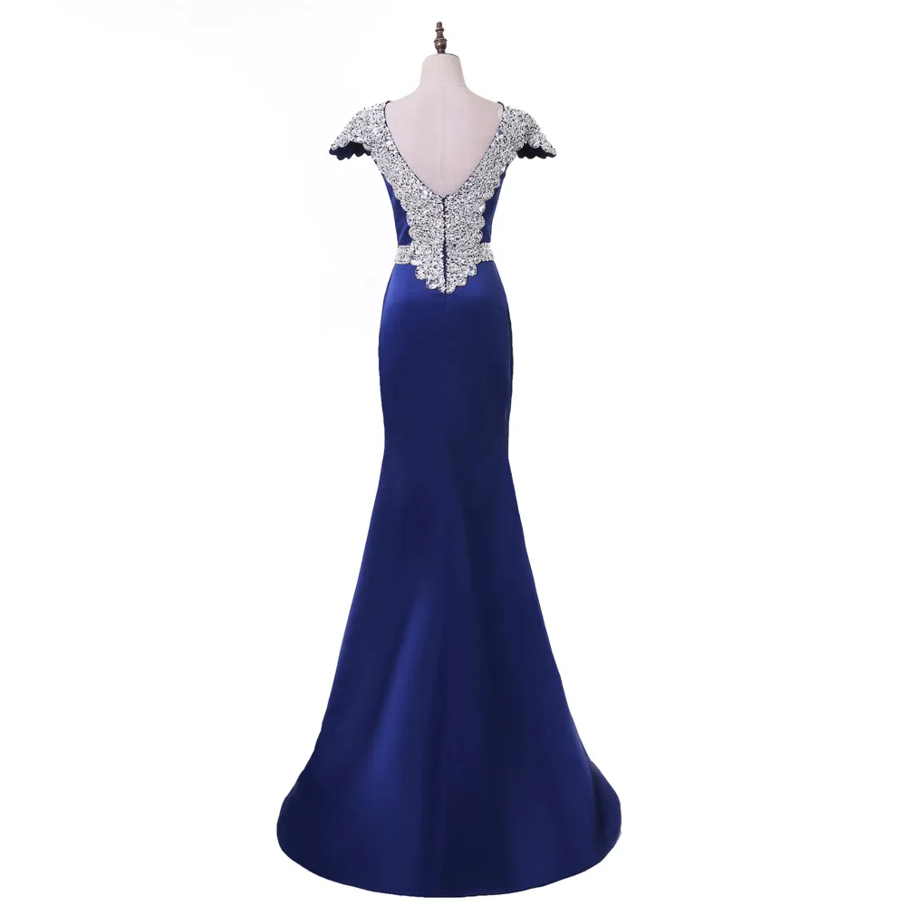 Royal Blue Evening Dresses Mermaid Cap Sleeves Crystals Backless Long Gown Prom Dress Robe De Soiree | Свадьбы и торжества