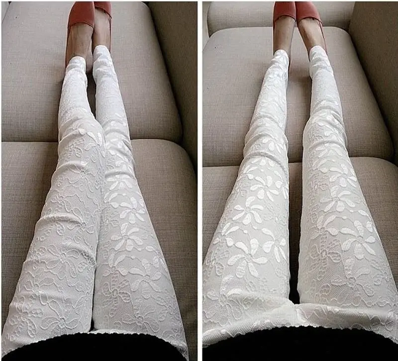 Женские кружевные леггинсы черные Белые Повседневные Стрейчевые карандаш с