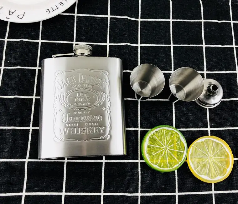 7 унций бутылка виски отпечаток Джек водка Воронка FLAGON 304 нержавеющая сталь алкоголь ликер бедра фляжка чашки черный Фестиваль подарочная коробка набор - Цвет: jack cups funnel