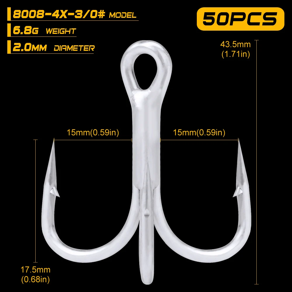 Size 3 0 4 х 50 шт./партия рыболовных крючков матовый олова тройные Крючки 4/0#-3/0#-1/0#1,#2#4#6# высокоуглеродистая Сталь высокая прочность крючков - Цвет: Size 3 0