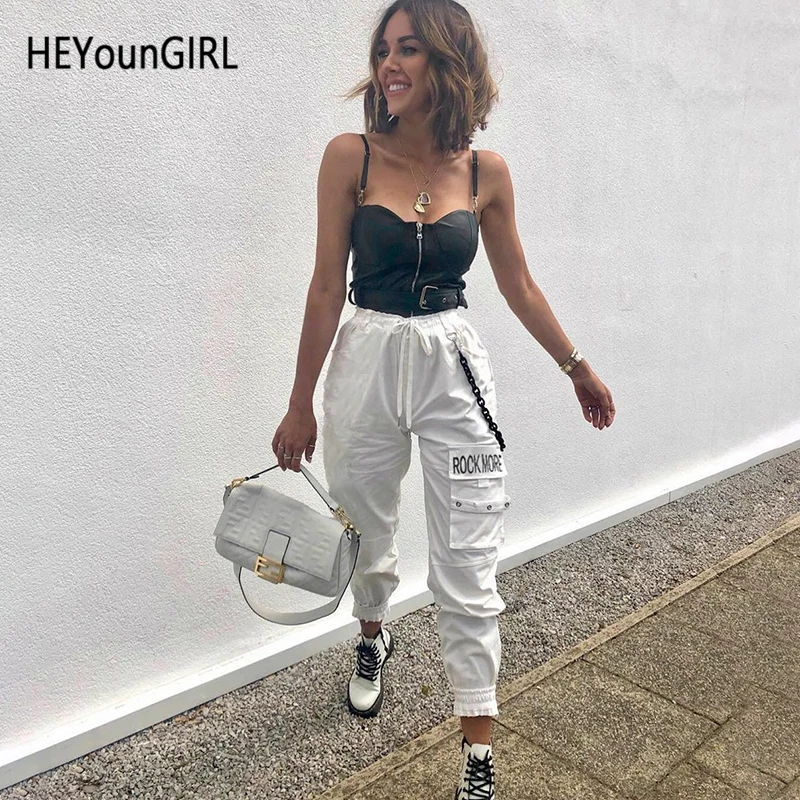 HEYounGIRL черные белые повседневные джоггеры женские эластичные штаны-шаровары с высокой талией Капри с буквенным принтом Harajuku спортивные штаны с цепочкой