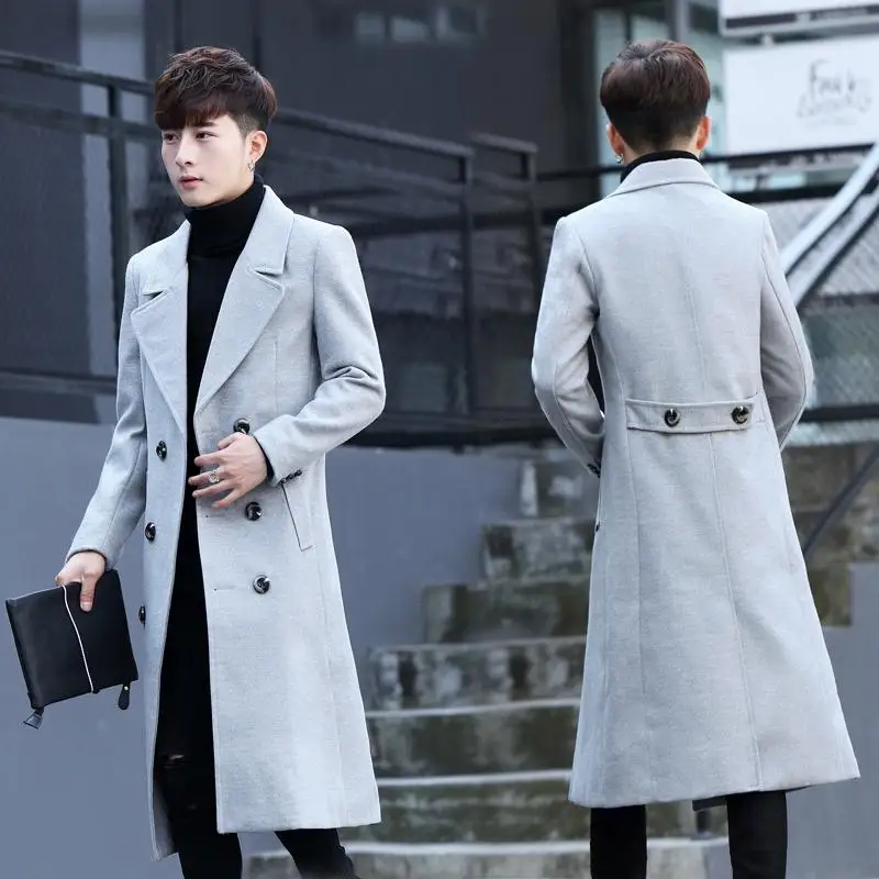 Мужское длинное двубортное кашемировое пальто с отложным воротником|Мужские