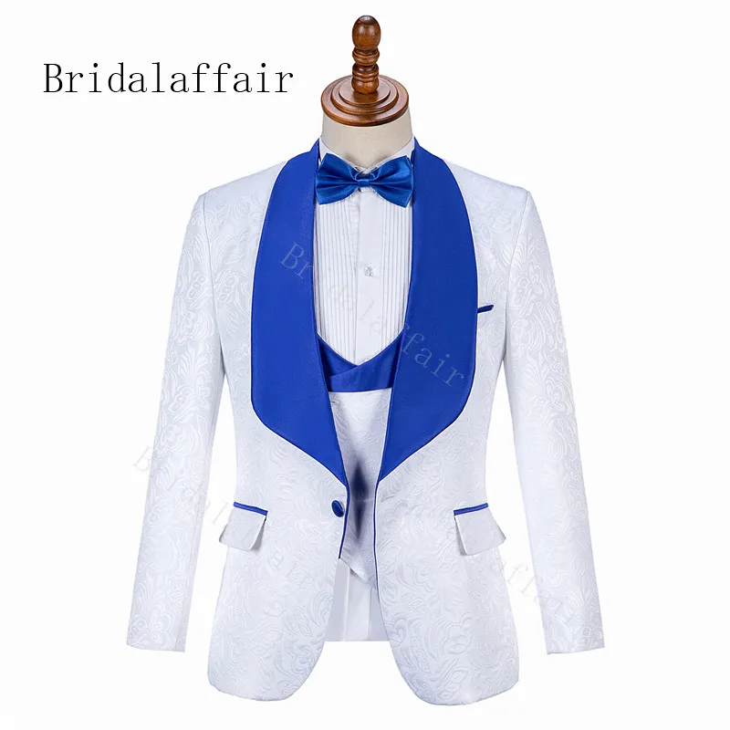 Bridalaffair элегантный бренд Slim Fit курение костюм мужские костюмы 3 предмета Homme Белый Пром смокинг, костюмы жениха Королевский синий нагрудные смокинг