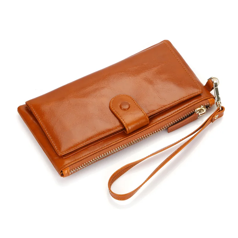 Best Quality! Women Oil Wax Genuine Cowhide Leather Long Zipper Wallet Lady Fashion Clutch Purse Bag With Strap 7 colors 2153|long zipper