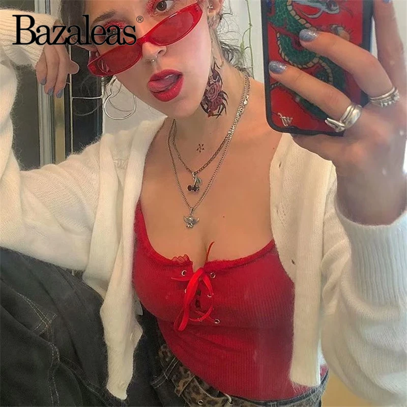 Пикантная красная модная облегающая женская майка Bazaleas укороченная с