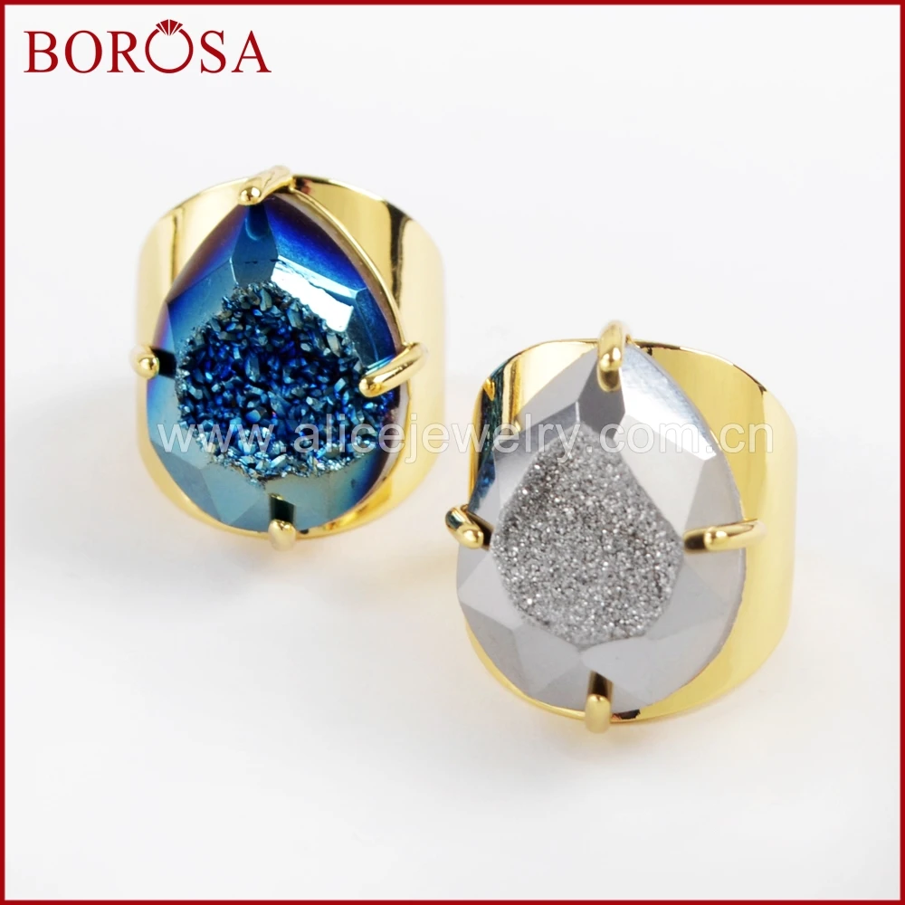 BOROSA 5 шт. каплевидный золотой цвет коготь Радужный Титан Druzy граненое кольцо, смешанные Drusy битые кольца ювелирные изделия для женщин ZG0310