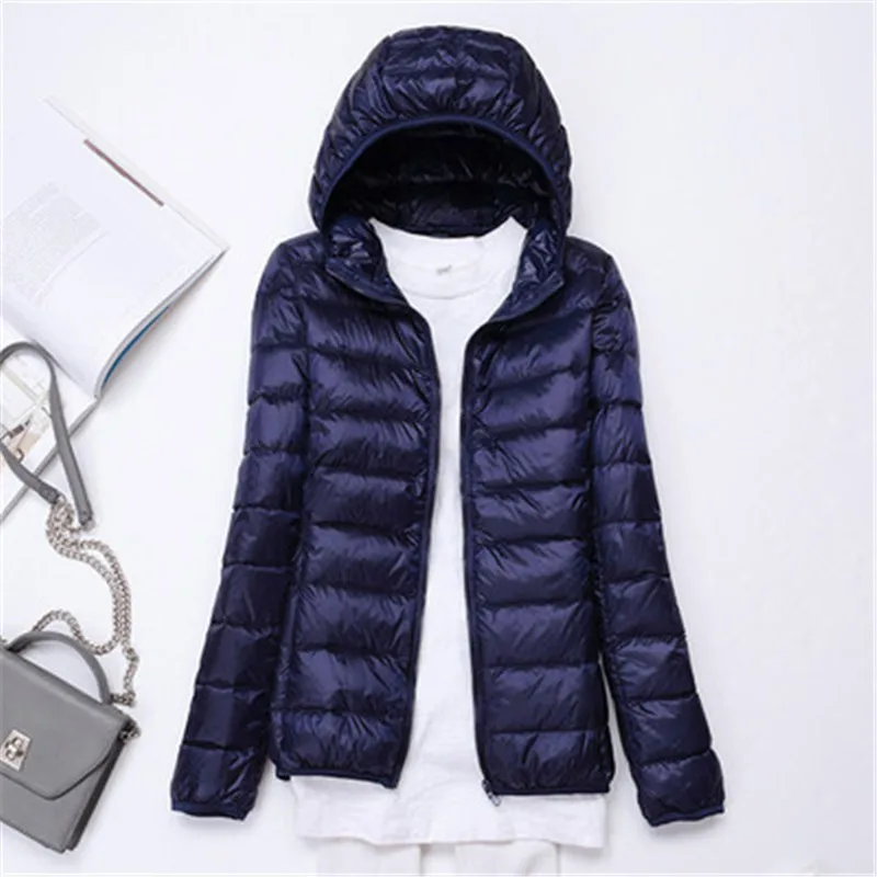 navy hooded Легкий пуховик женский короткий секционный воротник стойка Модный корейский Тонкий Осень Зима Большой размер женские пальто XA05 - Цвет: navy hooded