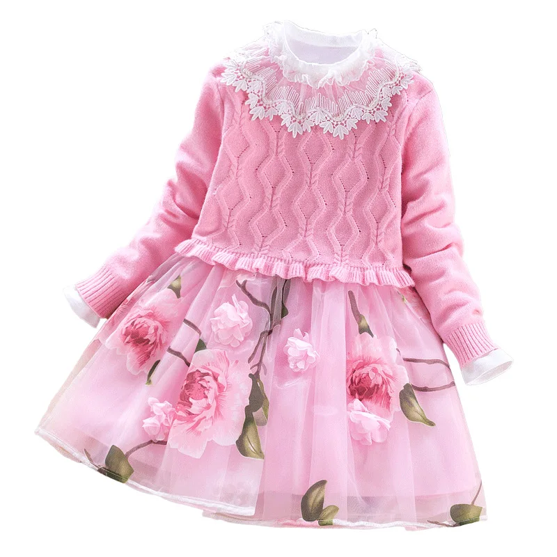 

2019 Fall Winter Flowers Girls Sweater Dress Fashion Knit Kids Princess Dresses Teenage Girls Clothes BC674