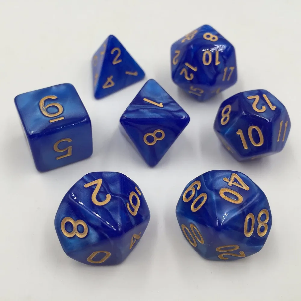 Rollooo Dice Marble Blue with Gold Numbers D4 D6 D8 D10 D% D12 D20 7-Dice Set | Спорт и развлечения