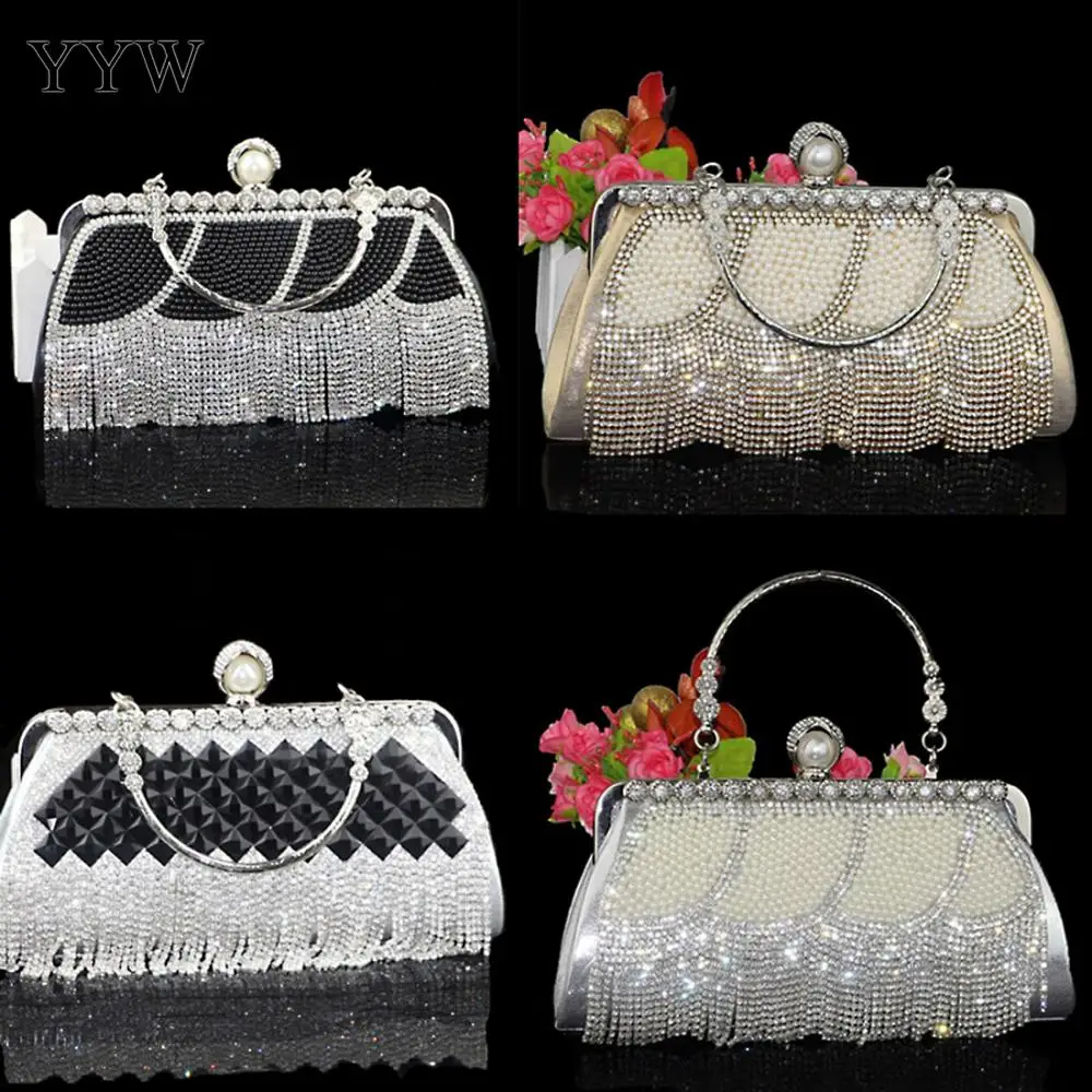 

Rhinestones Tassel Clutch Diamonds Beaded Metal Handle Pearl Evening Handbag Wedding Bag Chain Shoulder Messenger Purse Clutches