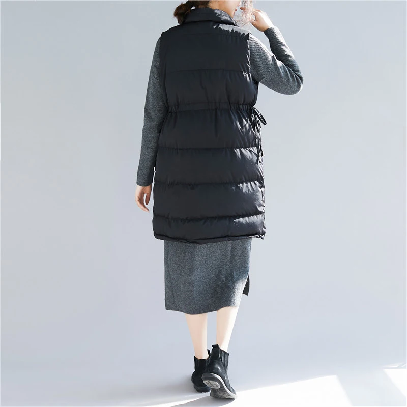 QoerliN Sleeveless Lace Up Waistcoat Women Cotton Clothing Double-Breasted Long Parkas Female Pocket Solid Jacket Coat Autumn | Женская