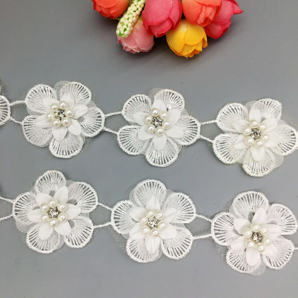 2 ярда Жемчужный Цветок 3-слойная 3D Алмазная французская кружевная ткань отделка