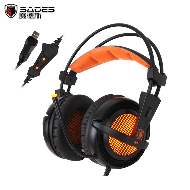Sades A6 Игровые наушники шлем 7,1 Surround Sound стерео USB игровая гарнитура с микрофоном пульсирующий светодиодный светильник для PC Gamer - Цвет: Black no packaging