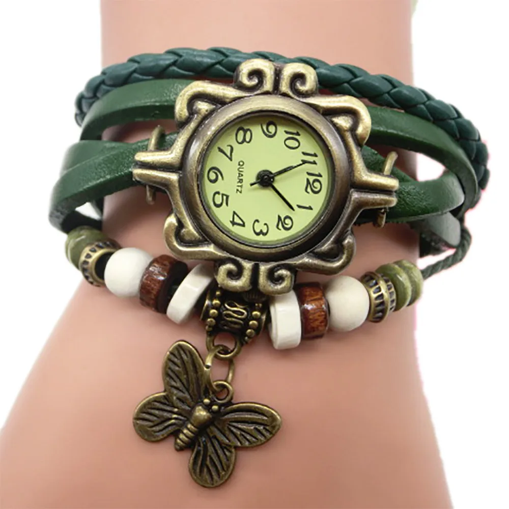 Женские кварцевые часы в ретро стиле браслет с бусинами и бабочками Лидер продаж