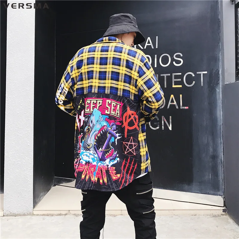 VERSMA High Street хип хоп граффити печатных Лоскутная рубашка в клетку для мужчин японский Harajuku BF винтажные клетчатые рубашки дропшиппинг