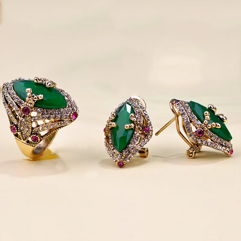 Blucome индийские ювелирные наборы роскошный костюм Bijoux Bijuterias свадебные смолы циркония французские крючки зеленый Винтаж серьги кольцо набор