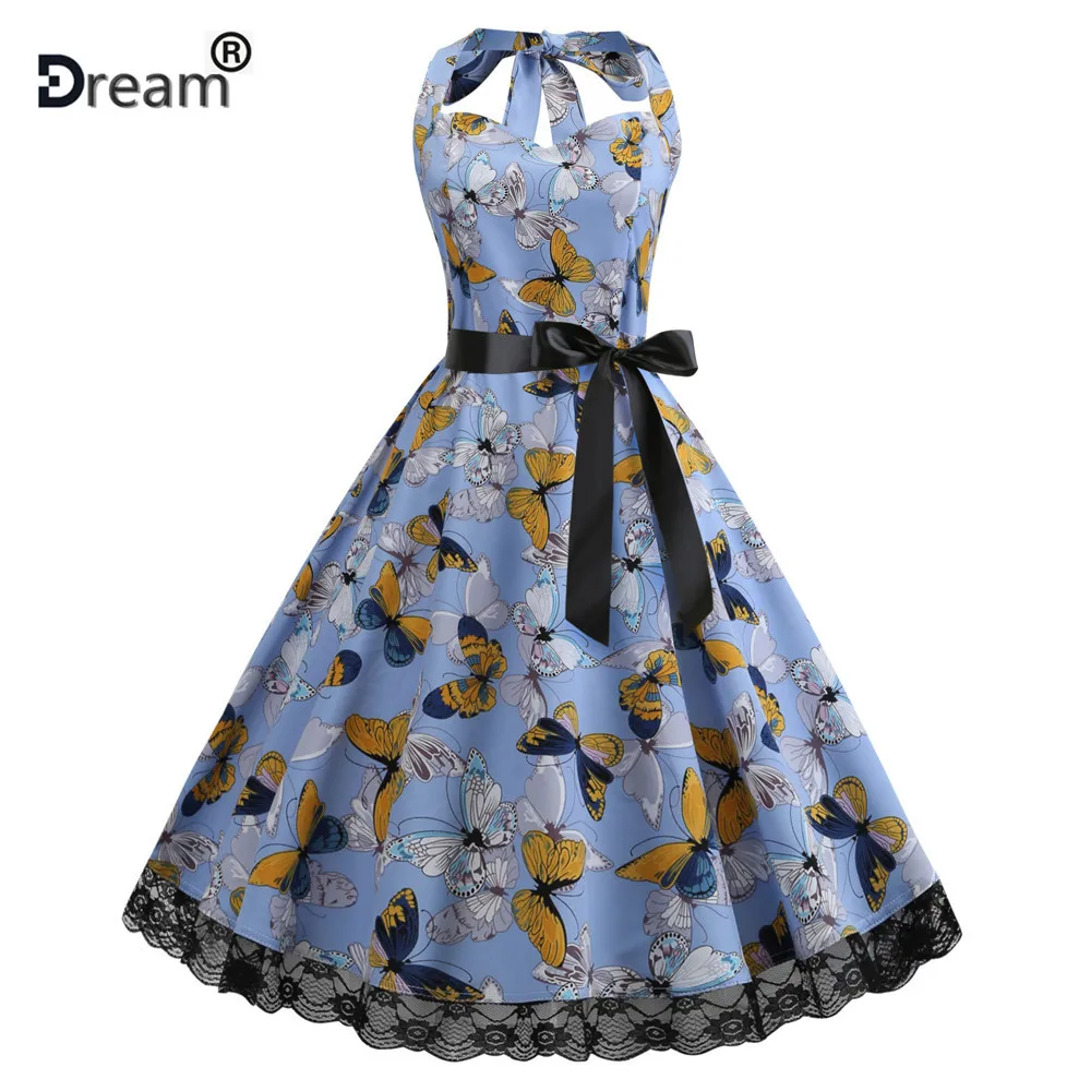 Женское винтажное платье с цветочным принтом на бретельках без рукавов в стиле