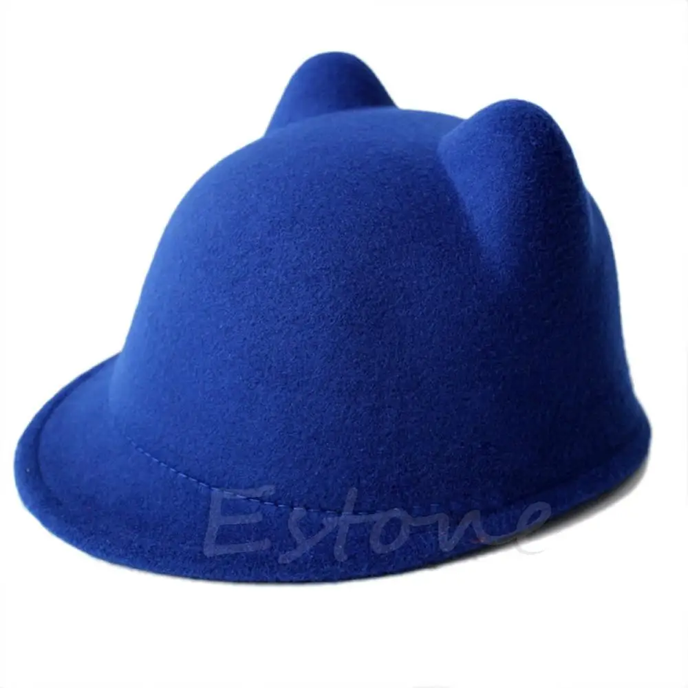 royal blue Милая Зимняя шерстяная фетровая шляпа с кошачьими ушками для девочки, мальчика, ребёнка, Детская кепка Дерби котелок - Цвет: royal blue