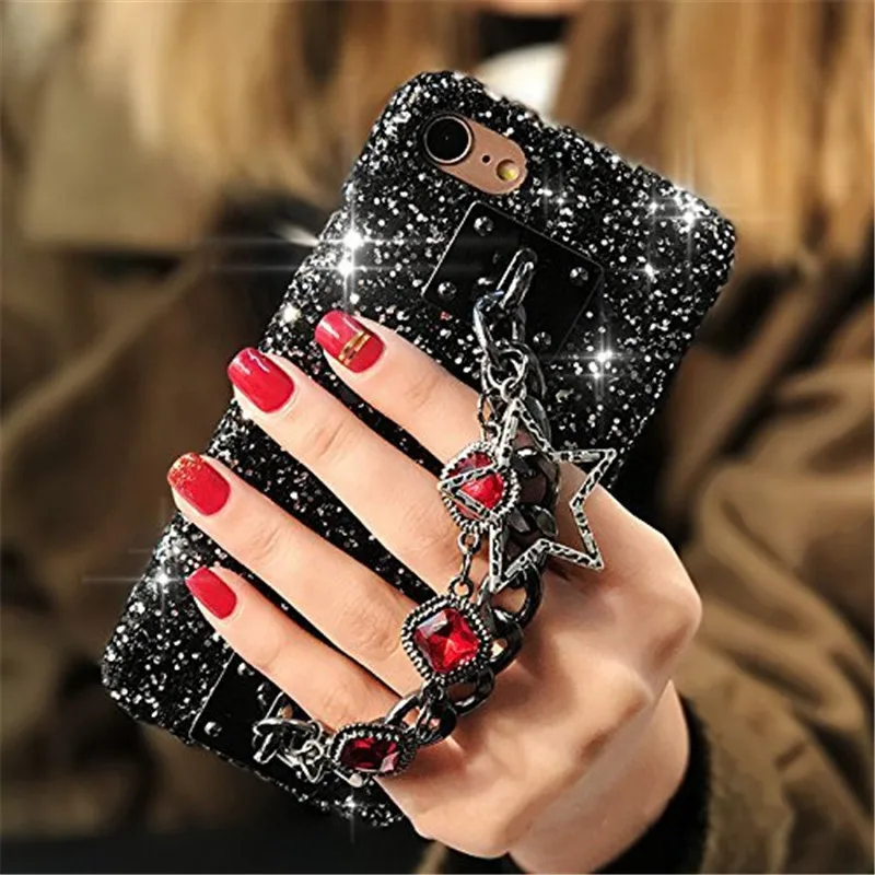 1 шт. Bling чехол для iphone 6 6s 7 8 8 плюс драгоценный металл цепи держатель горный хрусталь кристаллы лисий мех мяч чехол для телефона для iphone X - Цвет: Gem Chain Red