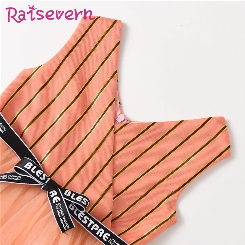 RAISEVERN Chocolate Color Gauze Girls Dress Princess V-Neck Ball Gown Sleeveless Stripe Top Bow for Party Birthday | Детская одежда и