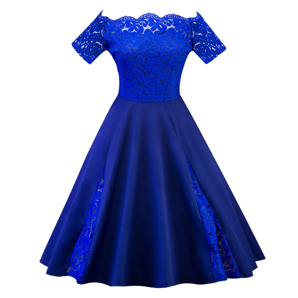 Fashion Women Plus Size Patchwork Short Sleeve Party Dress Lady pure color lace stitching sexy lace one-word shoulder dress 11.8