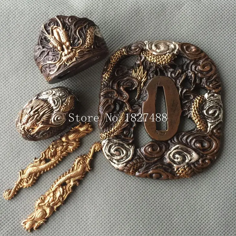 A Suit Of Tsuba Набор дракон тема Медь японский меч самурая Катана Интимные аксессуары корабля металла Tsuba Menuki Fuchi Кашира фитинги - Цвет: A Suit Of Tsuba