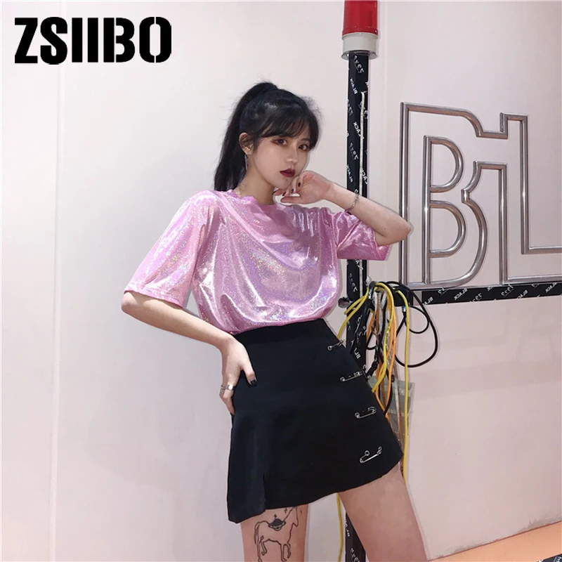 2019 Модные женские футболки блестящие Топы в уличном стиле шикарная