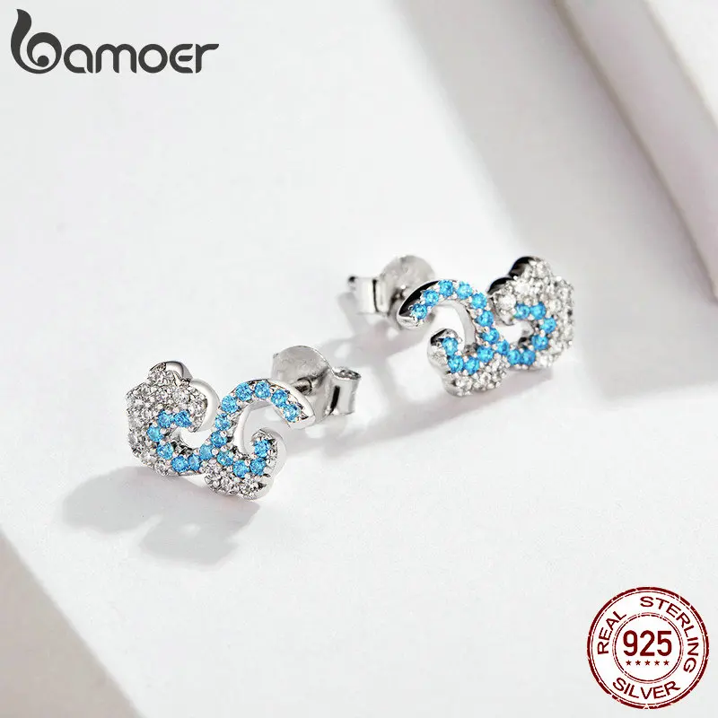Bamoer, волнистые серьги-гвоздики для девочек, 925 пробы, серебро, Голубой океан, CZ, массивные ювелирные изделия, дизайн, Модная бижутерия BSE121