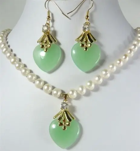 2 цветов! 7 8 мм белый жемчужное ожерелье 17 &quot и зеленое в форме сердца нефрит