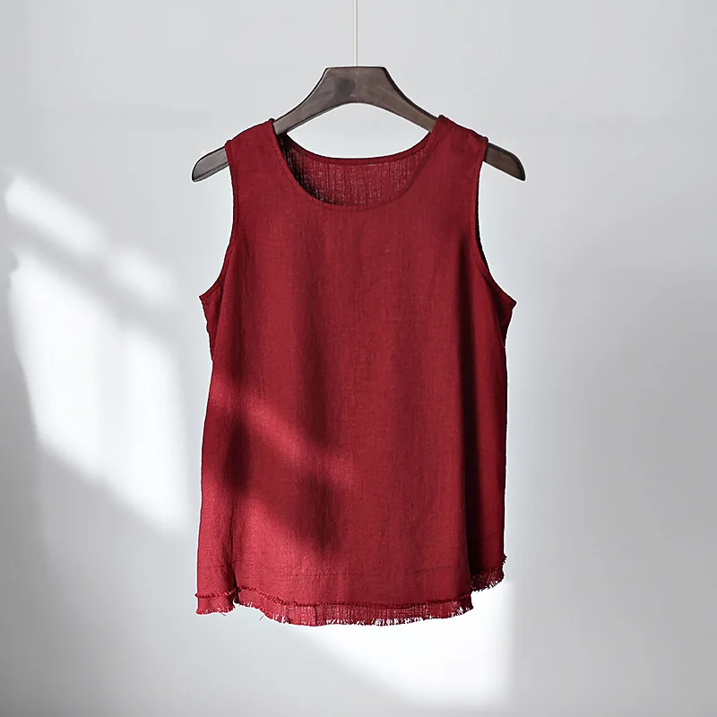 wine red OriGoods льняной топ на бретелях женский винтажный дизайн летний топ на бретелях с круглым вырезом без рукавов Свободный Повседневный майки короткие C225 - Цвет: wine red