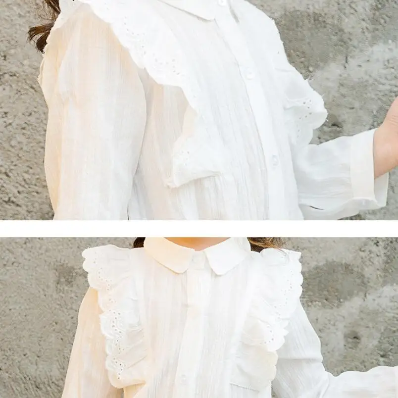 Детская хлопковая блузка с длинными рукавами белая кружевными оборками для